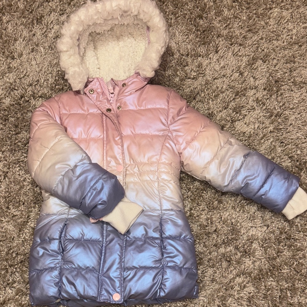 Pink and Blue Ombre Puffer Jacket with Faux Fur Hood